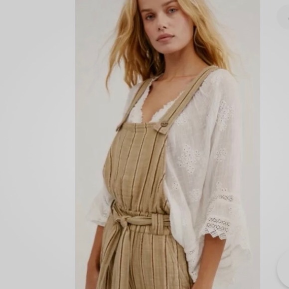 FREE PEOPLE -ONE BALLAST STRIPED GAUZE COTTON HOBO DISTRESSED OVERALLS J… - Picture 12 of 16